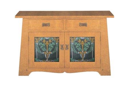 new Oak Arts & Crafts Movement Oak range 2 doors & drawers cupboard or Sideboard with painted panel designs