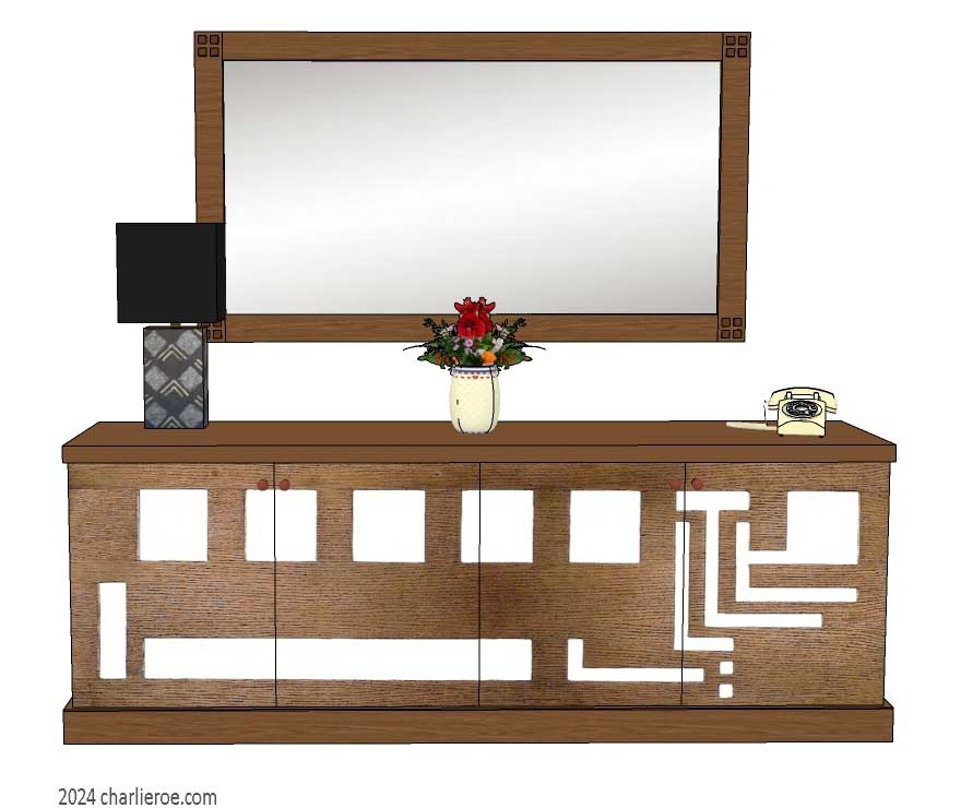 New Frank Lloyd Wright Prairie style Arts & Crafts Movement 4 door sideboard, cabinet or TV stand in a wood finish with matching wall mirror