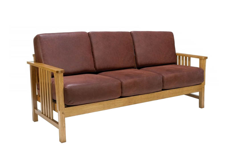 New Arts & Crafts Movement Frank Lloyd Wright Mission Prairie style oak 3 seater sofa with leather cushions