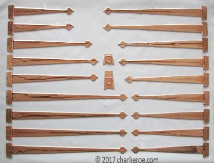 CFA Voysey Arts and crafts Movement copper strap hinges for an oak fitted kitchen furniture