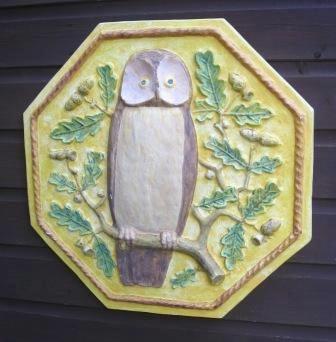 Norman Jewson's Arts & Crafts Movement plaster Owl plaque, for Owlpen Manor