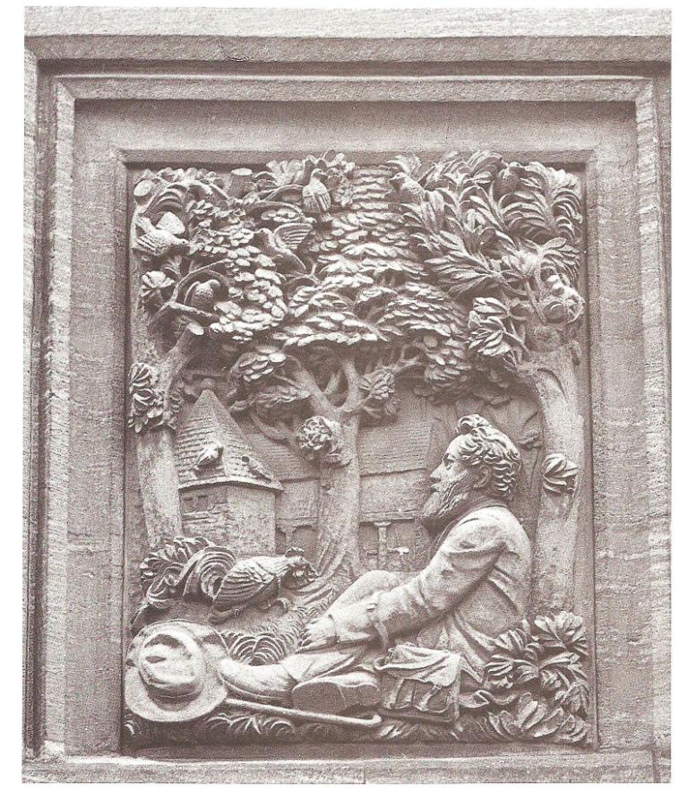 Wm Morris Arts & Crafts Movement plaster plaque, 'Morris in the home mead' from kelmscott Manor