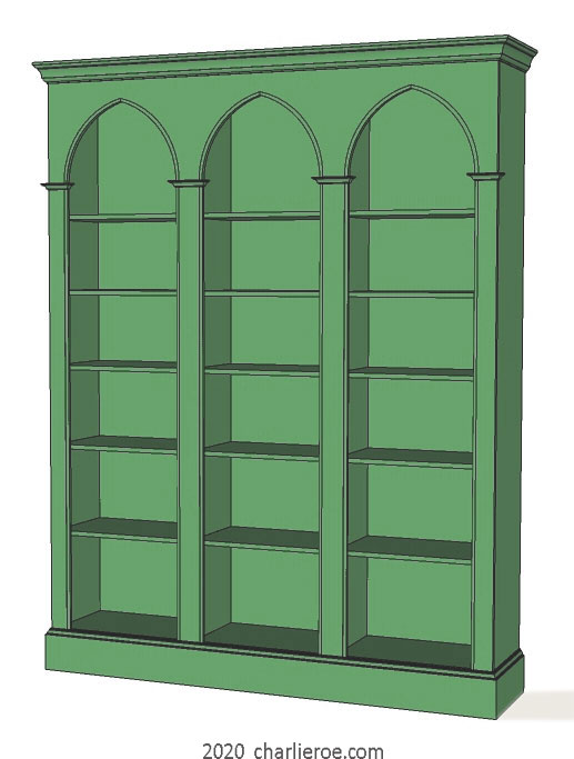 new William Wm Morris & Co Arts & Crafts Movement Artisan triple bay green painted bookcase