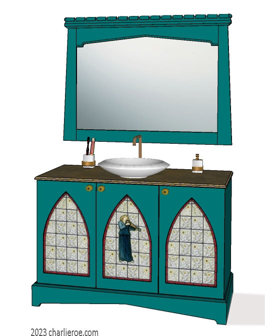new Wm Morris Arts & Crafts Movement style painted & wood Artisan 3 door vanity unit & matching wall mirror