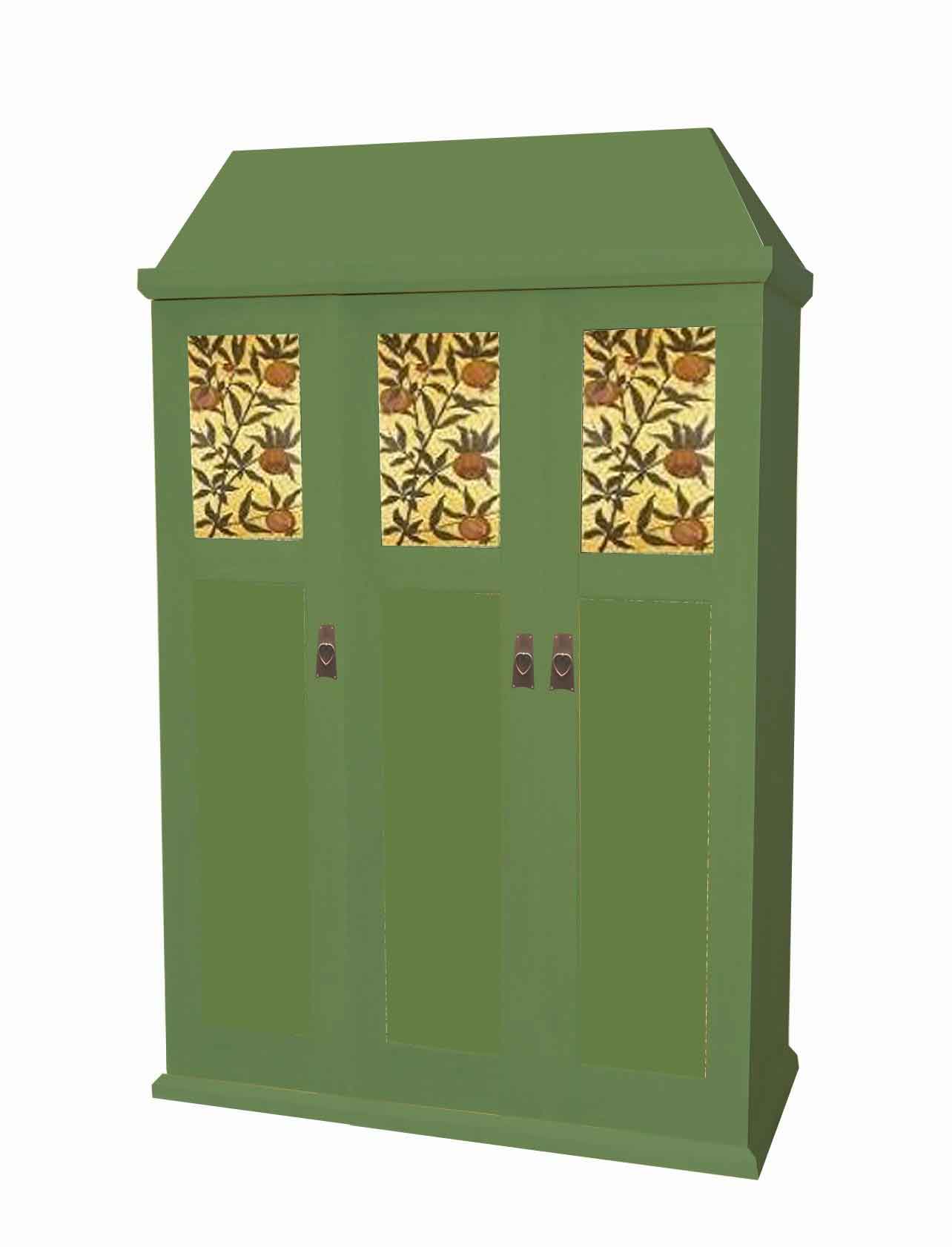 William Morris Arts & Crafts Movement Gothic Revival style 3 door painted 'Artisan' bedroom wardrobe with Medieval roof with decorative Morris style panels furniture