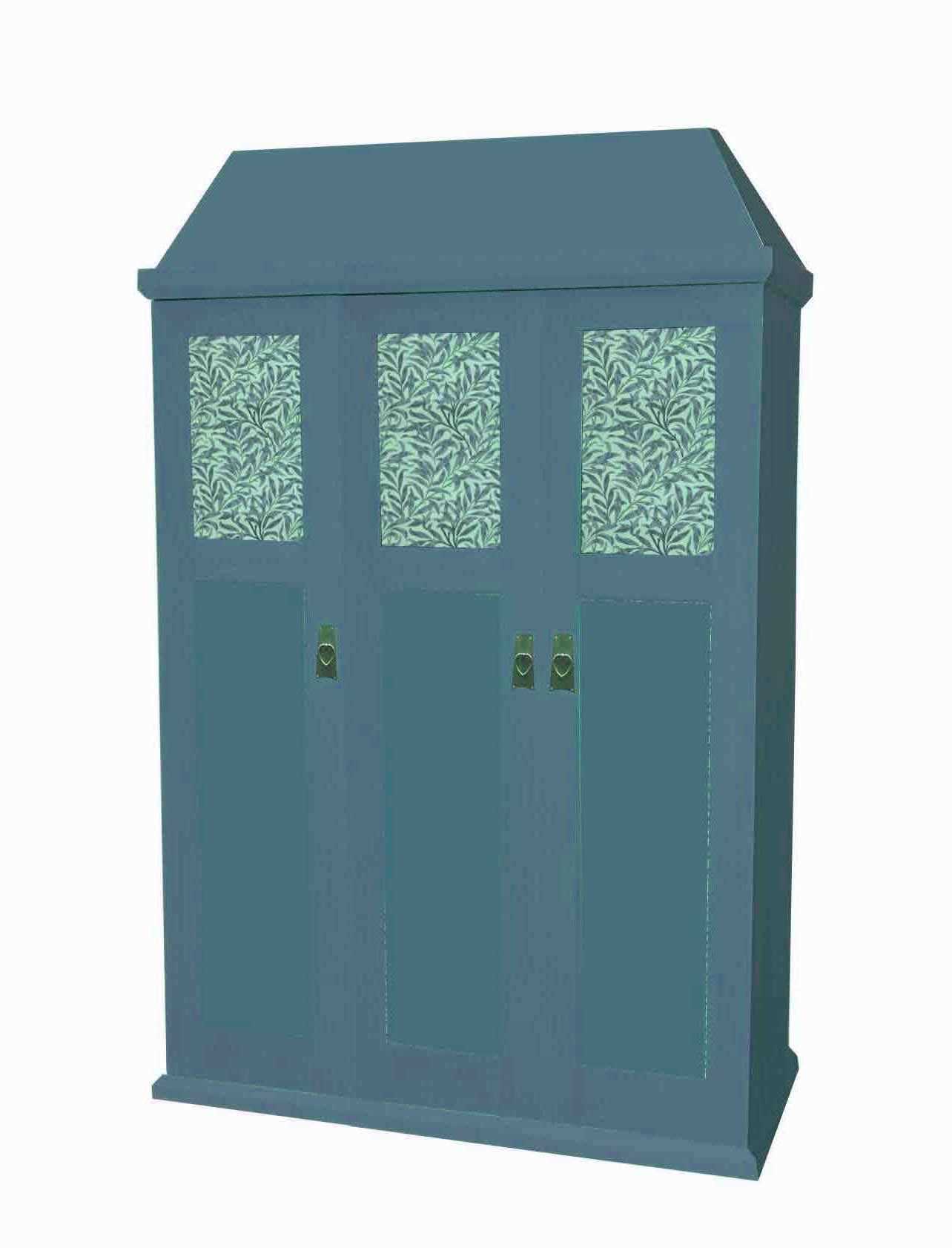 William Morris Arts & Crafts Movement Gothic Revival style 3 door painted 'Artisan' bedroom wardrobe with Medieval roof with decorative Morris style panels furniture