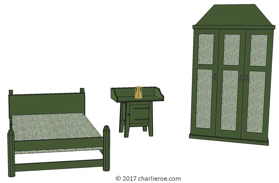 William Morris Arts & Crafts Movement Gothic Revival style 3 door painted 'Artisan' bedroom wardrobe furniture with decorative Morris style panels & Artisan double bed