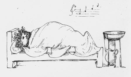 William Morris sleeping in the bed, from a cartoon by Edward Burne-Jones c.1860