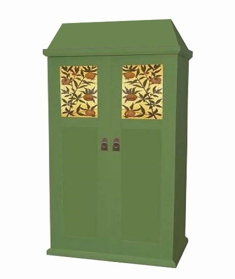 William Morris Arts & Crafts Movement & Gothic Revival 'Artisan' style green painted 2 door bedroom wardrobe with medieval style roof