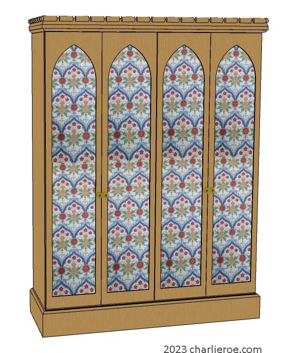 New William Morris Arts & Crafts Movement / Gothic Revival style painted 4 door bedroom wardrobes with lancet shaped door panels