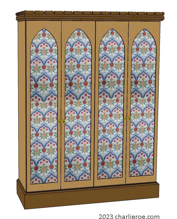 New William Morris Arts & Crafts Movement / Gothic Revival style painted 4 door bedroom wardrobes with lancet shaped door panels