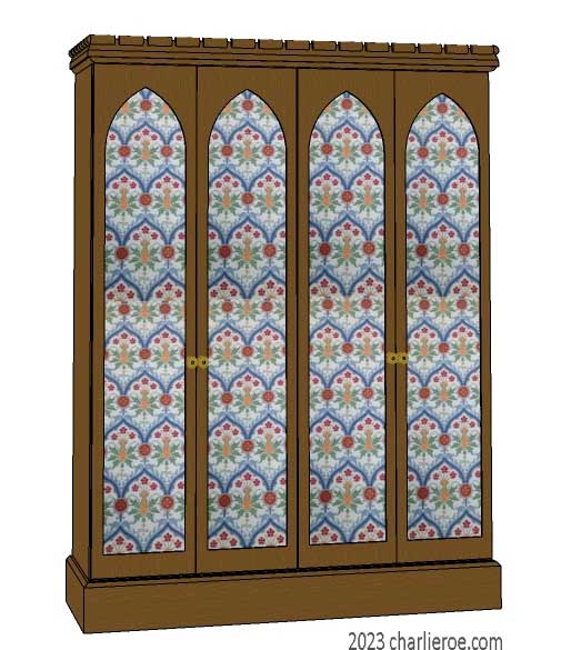 New William Morris Arts & Crafts Movement / Gothic Revival style painted 4 door bedroom wardrobes with lancet shaped door panels