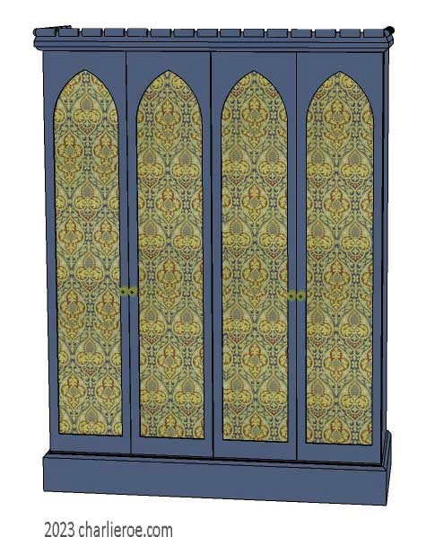 New William Morris Arts & Crafts Movement / Gothic Revival style painted 4 door bedroom wardrobes with lancet shaped door panels