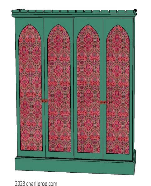 New William Morris Arts & Crafts Movement / Gothic Revival style painted 4 door bedroom wardrobes with lancet shaped door panels