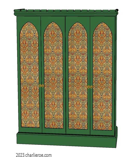 New William Morris Arts & Crafts Movement / Gothic Revival style painted 4 door bedroom wardrobes with lancet shaped door panels