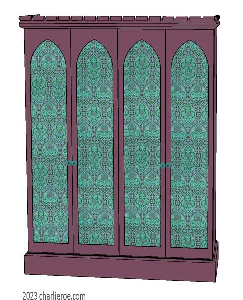 New William Morris Arts & Crafts Movement / Gothic Revival style painted 4 door bedroom wardrobes with lancet shaped door panels