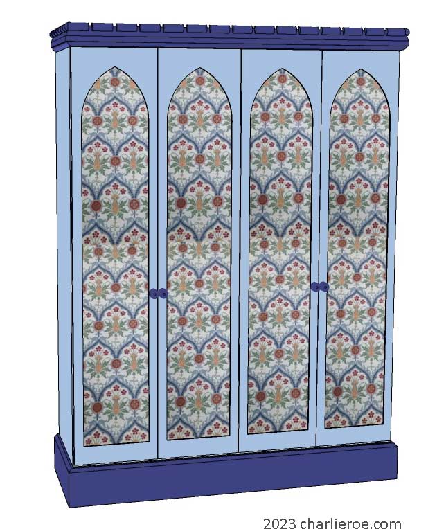 New William Morris Arts & Crafts Movement / Gothic Revival style painted 4 door bedroom wardrobes with lancet shaped door panels