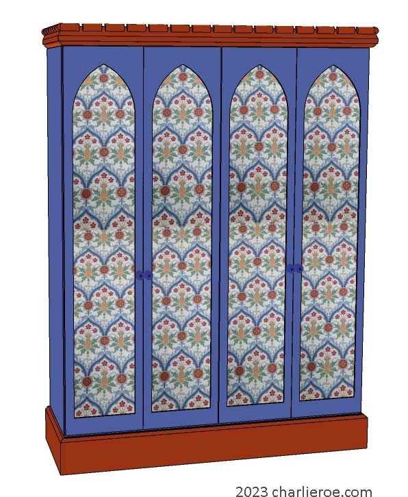 New William Morris Arts & Crafts Movement / Gothic Revival style painted 4 door bedroom wardrobes with lancet shaped door panels