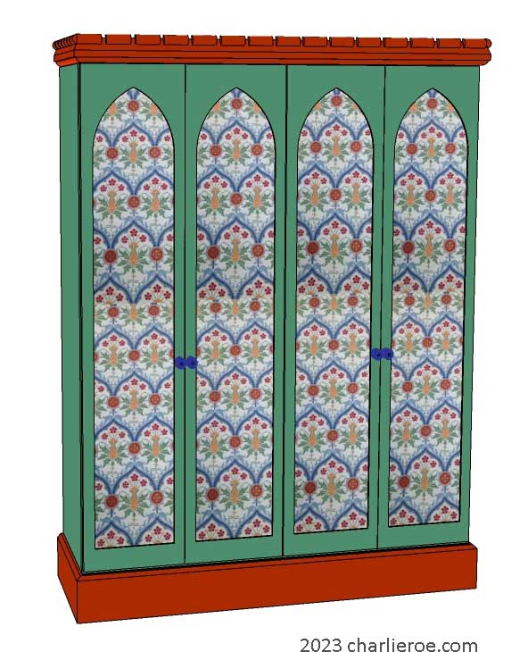 New William Morris Arts & Crafts Movement / Gothic Revival style painted 4 door bedroom wardrobes with lancet shaped door panels
