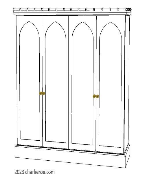New William Morris Arts & Crafts Movement / Gothic Revival style painted 4 door bedroom wardrobes with lancet shaped door panels