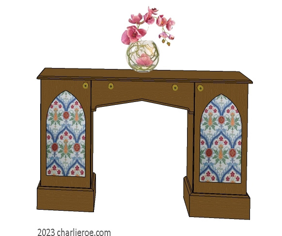 New William Morris Arts & Crafts Movement / Gothic Revival style painted 2 door bedroom desk/dressing table with lancet shaped door panels