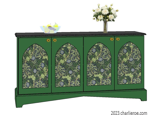 New William Morris Arts & Crafts Movement / Gothic Revival style painted 4 door decorative sideboard with lancet shaped door panels