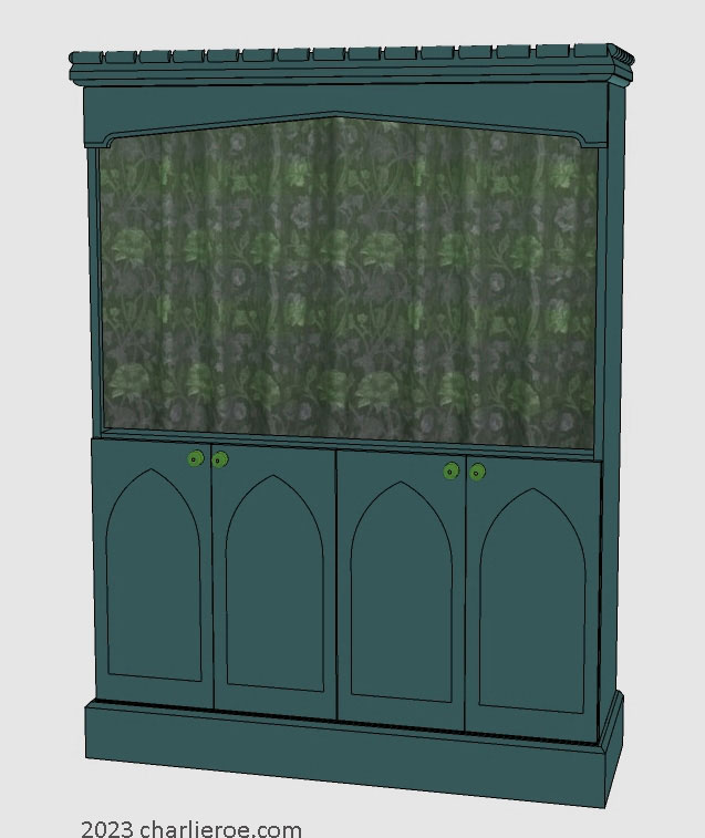 New William Morris Arts & Crafts Movement / Gothic Revival style painted 4 door bedroom 'Court' cupboard with lancet shaped door panels