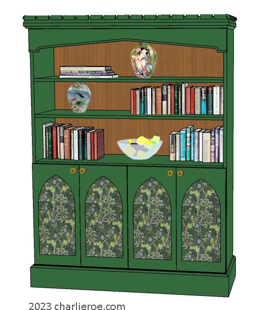 New William Morris Arts & Crafts Movement / Gothic Revival style painted 4 door bedroom bookcase display unit with lancet shaped door panels