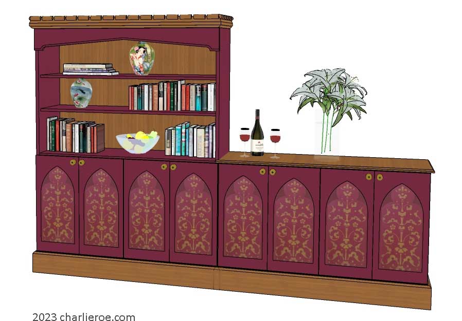 New William Morris Arts & Crafts Movement / Gothic Revival style painted 4 door bedroom wardrobes with lancet shaped door panels