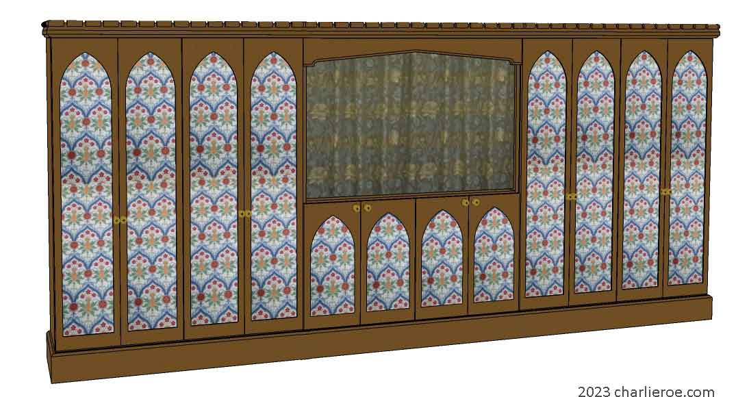 New William Morris Arts & Crafts Movement / Gothic Revival style painted 4 door bedroom wardrobes with lancet shaped door panels