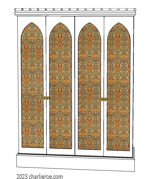 New William Morris Arts & Crafts Movement / Gothic Revival style painted 4 door bedroom wardrobes with lancet shaped door panels