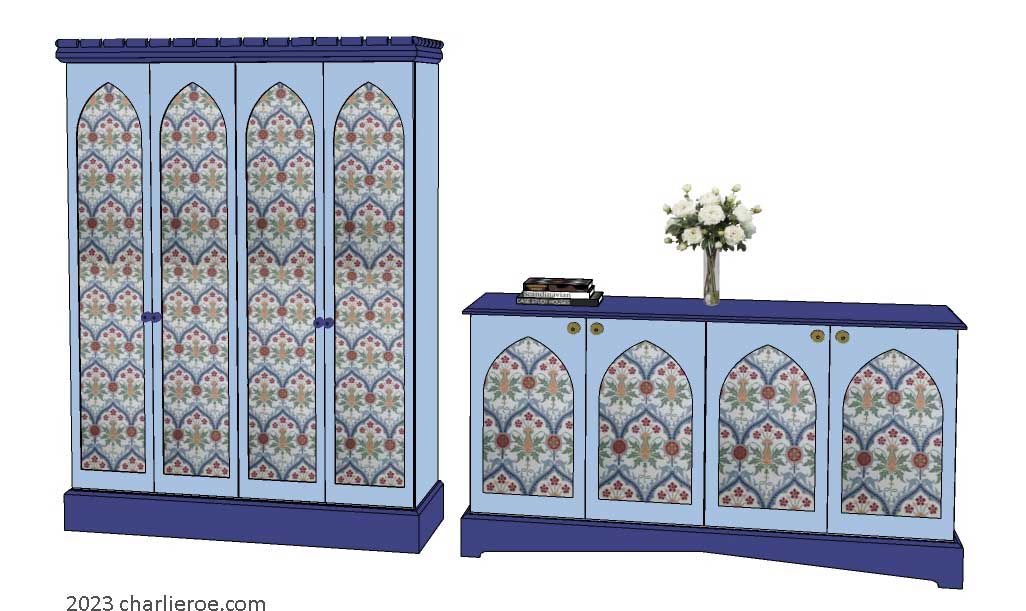 New William Morris Arts & Crafts Movement / Gothic Revival style painted 4 door bedroom wardrobes with lancet shaped door panels