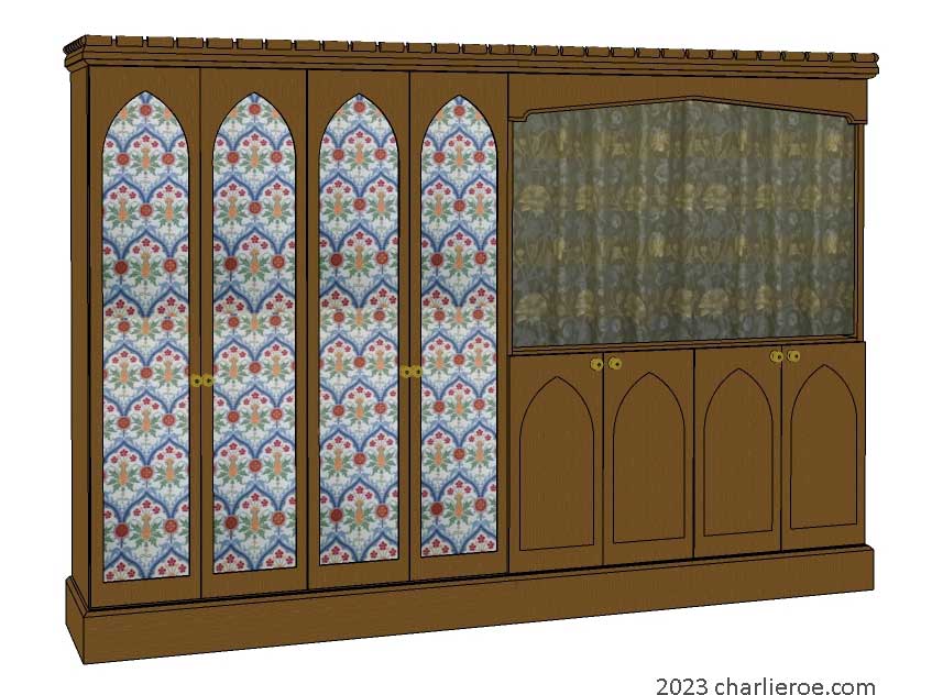 New William Morris Arts & Crafts Movement / Gothic Revival style painted 4 door bedroom wardrobes with lancet shaped door panels