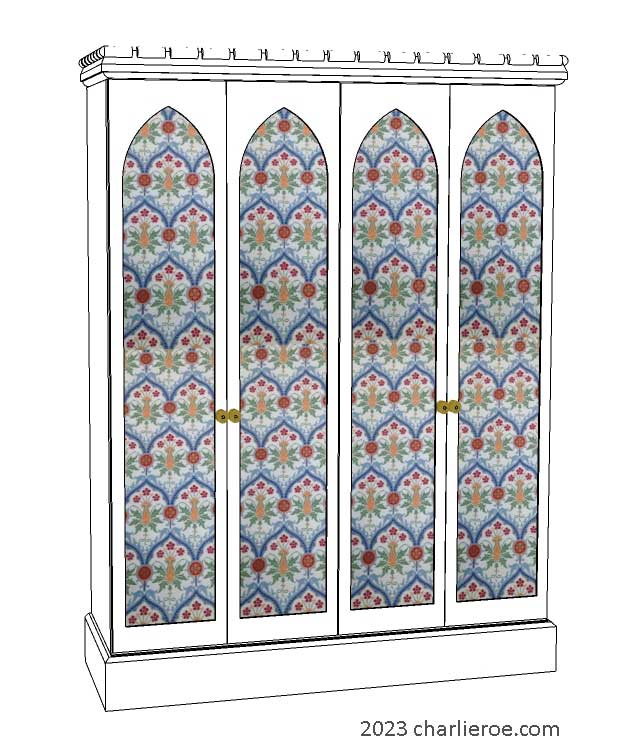 New William Morris Arts & Crafts Movement / Gothic Revival style painted 4 door bedroom wardrobes with lancet shaped door panels