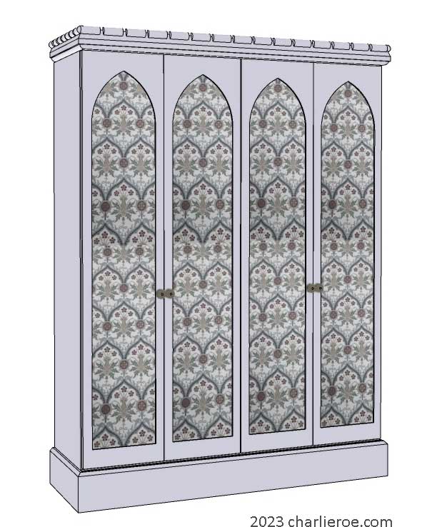 New William Morris Arts & Crafts Movement / Gothic Revival style painted 4 door bedroom wardrobes with lancet shaped door panels