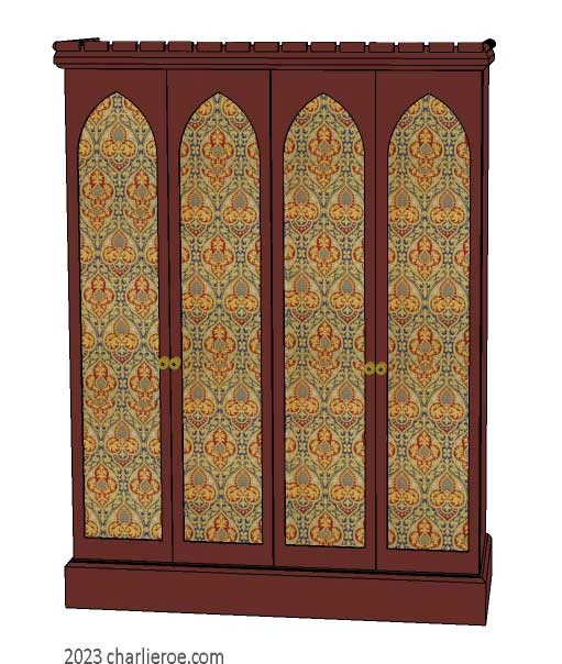 New William Morris Arts & Crafts Movement / Gothic Revival style painted 4 door bedroom wardrobes with lancet shaped door panels