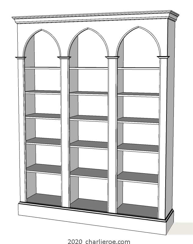 new William Wm Morris & Co Arts & Crafts Movement Artisan triple bay wooden double bay bookcase