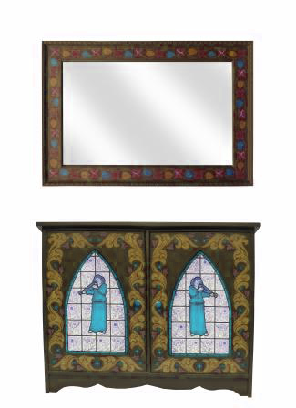 William Morris & Co Gothic Arts & Crafts style painted sideboard cupboard with Philip Webb Angel window design