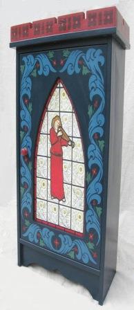 William Morris & Co Gothic Arts & Crafts style painted cupboard with Philip Webb Angel window design