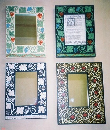 William Wm Morris painted picture mirror frames with kelmscott border in 3 colourways, plus a Roycrofters mirror frame