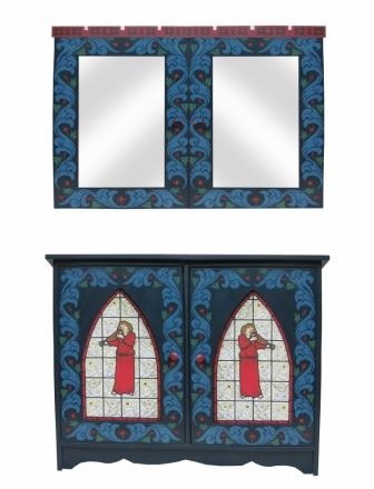 William Morris & Co Gothic Arts & Crafts style painted sideboard cupboard with Philip Webb Angel window design & wall mirror