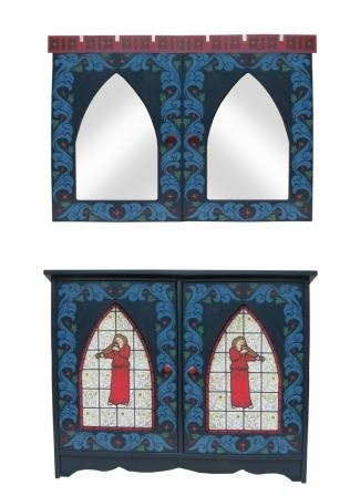 William Morris & Co Gothic Arts & Crafts style painted sideboard cupboard with Philip Webb Angel window design & wall mirror