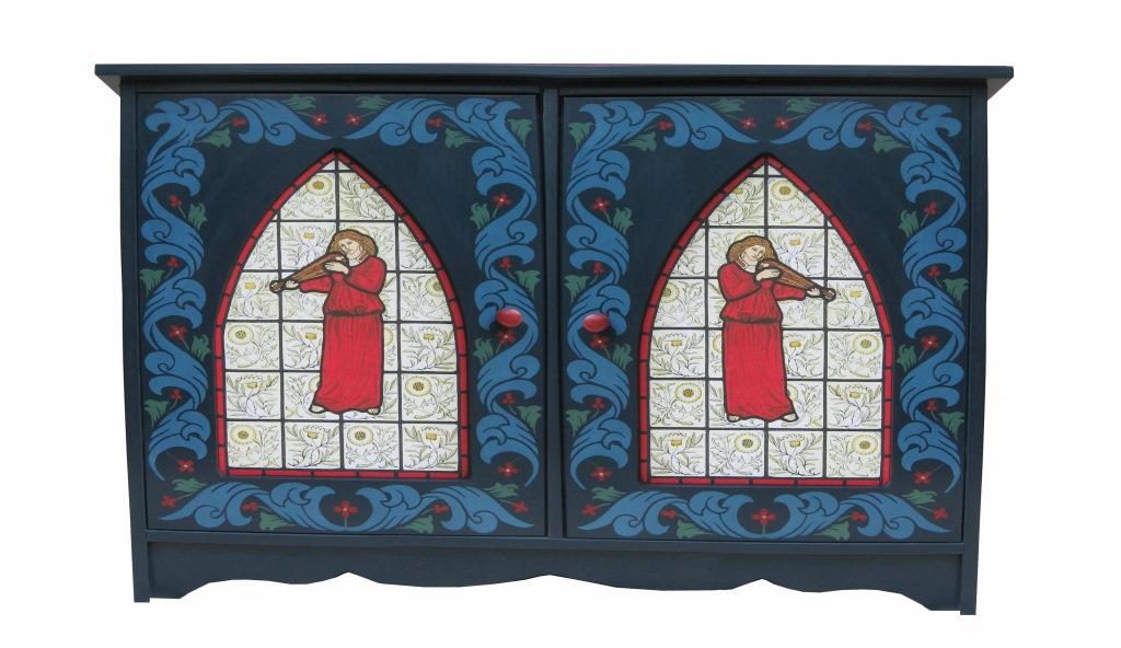 William Morris & Co Gothic Arts & Crafts style painted sideboard cupboard with Philip Webb Angel window design