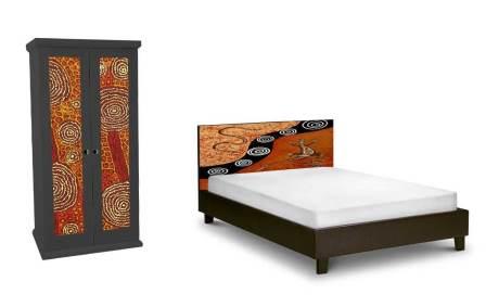 Aborigine style painted bed & double wardrobe with abstract 'dot' painted panels