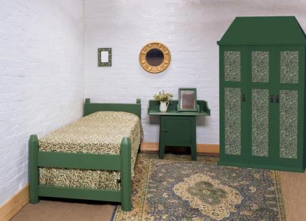 new William Morris Arts & Crafts Movement green painted bedroom furniture including a bed & washstand & wardrobe