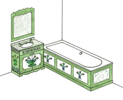 design for an ornate painted Austrian Tirolean Baroque bathroom vanity cupboard & bath panels folk furniture Bauern mobel