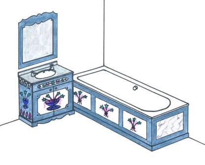 design for an ornate painted Austrian Tirolean Baroque bathroom vanity cupboard & bath panels folk furniture Bauern mobel