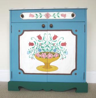 design for an ornate painted Austrian Tyrolean Baroque bathroom vanity cupboard & bath panels folk furniture Bauern mobel