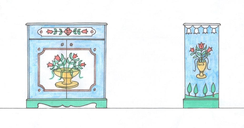 design for an ornate painted Austrian Tyrolean Baroque  cupboard folk furniture Bauern mobel