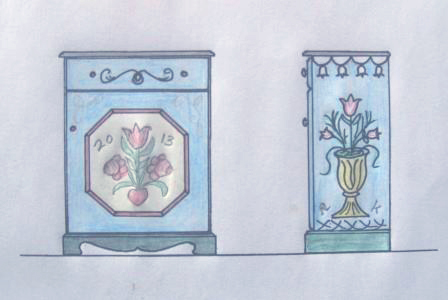 design for an ornate painted Austrian Tyrolean Baroque cupboard folk furniture Bauern mobel
